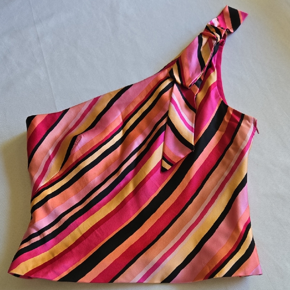 NWOT Kay Unger One Shoulder Striped Silk Top